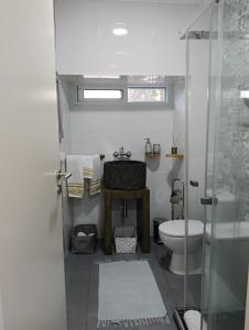 a bathroom with a toilet and a sink and a shower at O Aconchegadinho in Rabo de Peixe