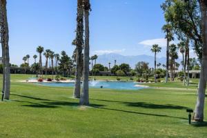 a pool with palm trees and mountains in the background at The Sunset Hideaway by Roav Retreats in Cathedral City