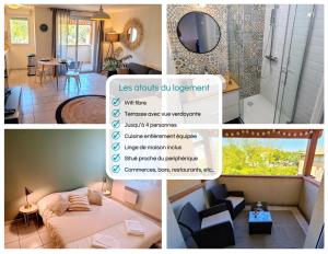 een collage van foto's van een slaapkamer en een badkamer bij " Côté Parc " Cité de l'espace - Entrée autonome in Toulouse +21 foto's