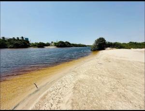 a sandy beach with water and trees in the background at casa por temporada em santo amaro do maranhão in Santo Amaro