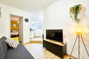 a living room with a couch and a flat screen tv at BE-0 - Joli 2 pièces pour 1-2 pers au RDC au centre de Mulhouse in Mulhouse