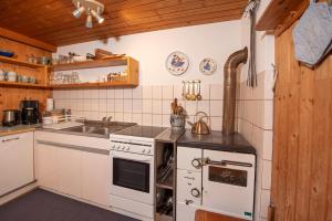 a kitchen with a stove and a sink at Haus Hahnenbalz Top 1 in Krimml