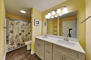 a bathroom with a sink and a toilet and a mirror at Put-in-Bay Waterfront Condo #109 in Put-in-Bay +22 photos