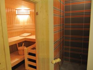 a bathroom with a sauna with a shower at Apartments Supermjau in Bovec