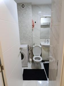 a small bathroom with a toilet and a sink at Apartman Bulevar Živinice in Živinice +5 photos
