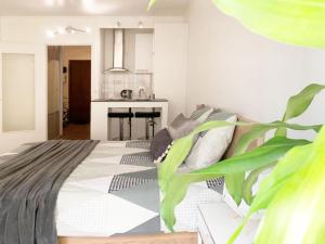パリにあるNice apt nearby arc triomphe champe elyseeの大きなベッドとキッチンのある寝室