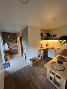 a kitchen and living room with a table and a counter at Holiday Home Rubini in Līvi