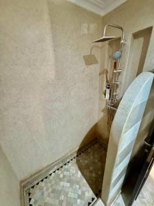 a bathroom with a shower with a tiled floor at Appartment Jnane Atlas in Marrakech
