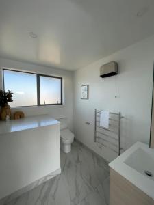 ein weißes Bad mit einem WC und einem Fenster in der Unterkunft Mohua Lane Retreat in Christchurch + 1 Foto