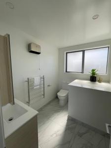 une salle de bains blanche avec toilettes et lavabo dans l'établissement Mohua Lane Urban Paradise, à Christchurch 1 autre photo