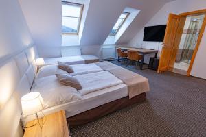 a bedroom with a bed and a desk and a television at Penzion Zlaty Orol in Helcmanovce +40 photos