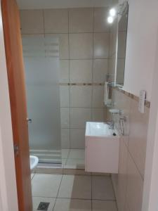 a bathroom with a sink and a toilet and a mirror at Departamentos Capernaum in Santa Rosa