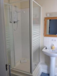 a shower stall in a bathroom with a sink at The Miners Arms in Leeds