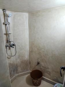 a bathroom with a shower with a bucket in it at Quadra Sphere in Tamraght Ouzdar +8 photos