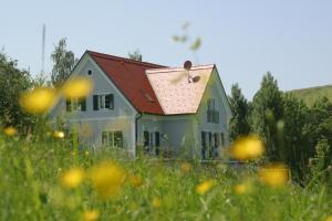 ein Haus mit rotem Dach auf einem Grasfeld in der Unterkunft Gäste- und Vitalhaus Sauer in Kitzeck im Sausal