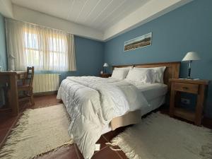 ein Schlafzimmer mit einem großen Bett mit blauen Wänden in der Unterkunft Rio Tarde Casa Patagonica in Lago Posadas