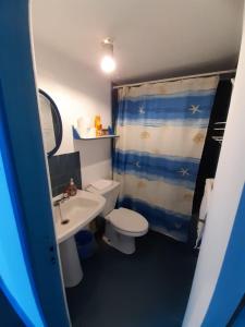 um pequeno banheiro com um vaso sanitário e uma pia em CASONA CENTRO ZAPALLAR 12 personas em Zapallar