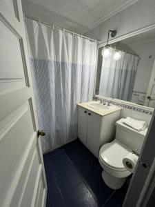 um banheiro com vaso sanitário, pia e espelho em CASONA CENTRO ZAPALLAR 12 personas em Zapallar mais 10 fotografias