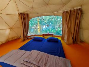 a room with two beds in a tent with a window at vanderman land camp in Batu