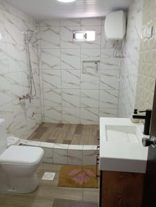 a bathroom with a toilet and a sink at Utopía hogar in Balneario Argentino