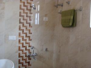 a bathroom with a shower with a glass door at Hotel Abhinandan Grand in Dehradun