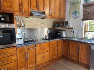 a kitchen with wooden cabinets and stainless steel appliances at Living In Camps Bay Blue in Cape Town +13 photos