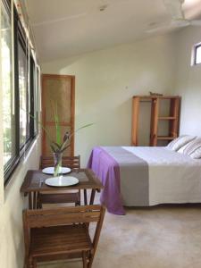 a bedroom with a bed and a table and a table sidx sidx sidx at Double Bed, Queen size, small kitchen, terrace, wi fi air condition quiet in Cuatunalco