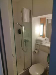ein Badezimmer mit Dusche und Toilette in der Unterkunft Ibis Ulm City in Ulm