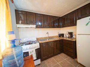 a kitchen with wooden cabinets and a white stove top oven at Garden Condos 10, 2br Apt In Sosua Strip in Sosúa