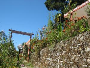 a street sign and flowers on a stone wall at Janardan Resort Pangot, Nainital in Nainital +3 photos