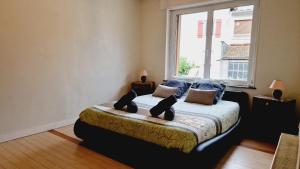 ein Schlafzimmer mit einem Bett mit Kissen und einem Fenster in der Unterkunft Maison famille et spa in Cornimont