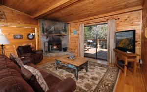 a living room with a couch and a fireplace at An Unforgettable Cabin in Sevierville