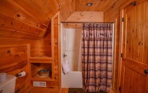 een badkamer met een douchegordijn in een hut bij Like a Comet in Sevierville +32 foto's