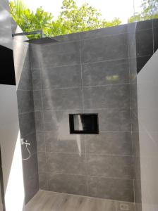 a shower with a glass door with a window at SWIMS Maldives in Omadhoo +14 photos
