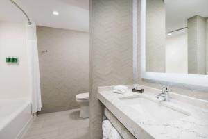 a bathroom with a sink and a toilet and a mirror at Courtyard by Marriott Orlando Downtown in Orlando