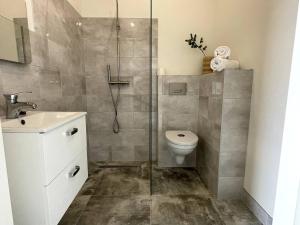 ein Badezimmer mit Toilette und Glasdusche in der Unterkunft Comfortable Room in Raamsdonksveer, Free Parking in Raamsdonksveer