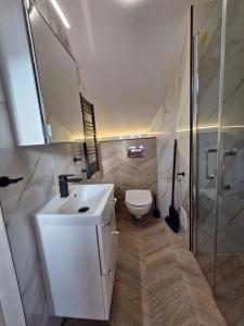 a bathroom with a white sink and a toilet at Residence Zielono Mi in Szklarska Poręba +76 photos