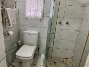 a small bathroom with a toilet and a shower at Sleepers Villa Guesthouse in Polokwane