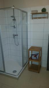 um chuveiro na casa de banho com uma mesa de madeira em Nordseeperle em Hage