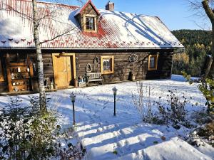 a log cabin in the snow with a red roof at Pod Wysokim Niebem in Wysokie