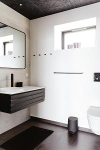 a bathroom with a sink and a mirror at Experience Majestic Nature On Helnæs in Ebberup