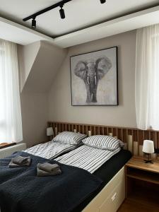 Šumska staza Divčibare apartmani في ديفشيبار: غرفة نوم بسرير وصورة فيلة