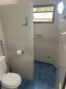 ein Bad mit einem WC und einer Dusche mit blauen Fliesen in der Unterkunft Condominio Stoneville in São Sebastião