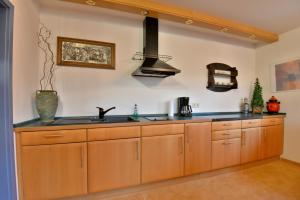 Una cocina con gabinetes de madera y un fregadero. en Ferienwohnung Ottilie Goldlauter, en Suhl