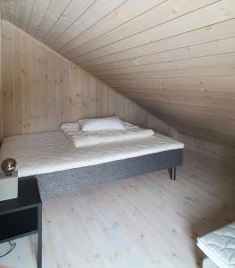 a small bed in a wooden room with a mattress at Cozy Family Cabin In Uniquely Situated Hiking Area in Indre Standal