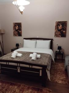 a bedroom with a large bed with two pillows at Vagia in Tríkala