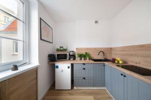 a kitchen with a sink and a refrigerator at Motlawa River Apartment in Gdańsk