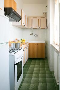 a kitchen with a stove and a green floor at Edera Attico Pineto Vacanza in Pineto