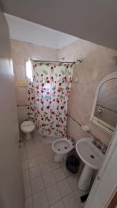 un bagno con lavandino, WC e tenda da doccia di Bagu Express a Villa Gesell