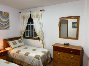 sypialnia z łóżkiem, komodą i lustrem w obiekcie Apartamento Mar y Montaña w mieście Los Silos
